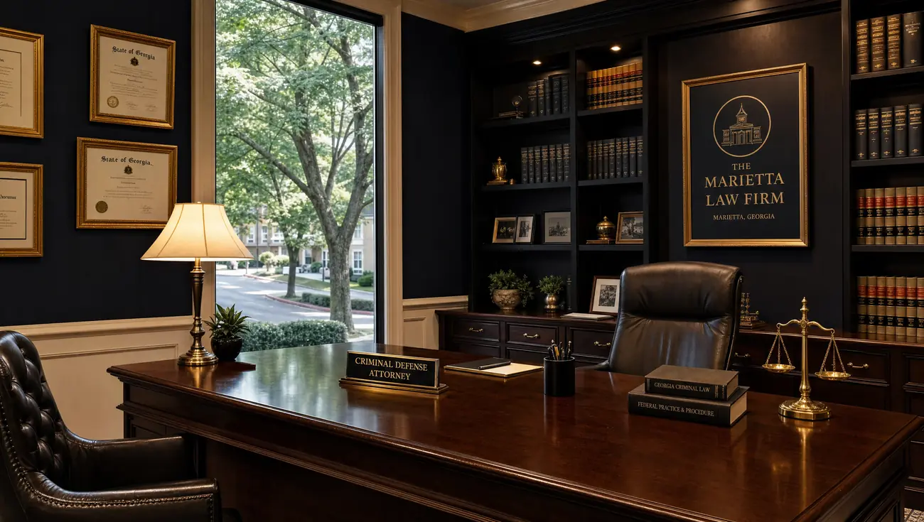 Moore Law Center office interior with attorney desk, bookshelves, and Georgia Bar credentials